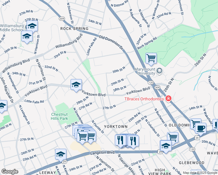 map of restaurants, bars, coffee shops, grocery stores, and more near 4936 29th Street North in Arlington