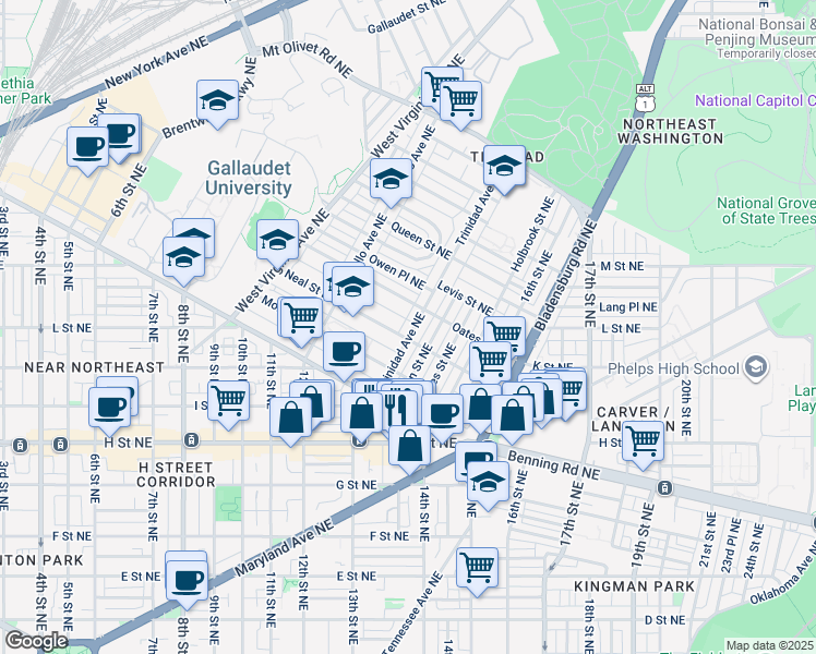 map of restaurants, bars, coffee shops, grocery stores, and more near 1308 Trinidad Avenue Northeast in Washington