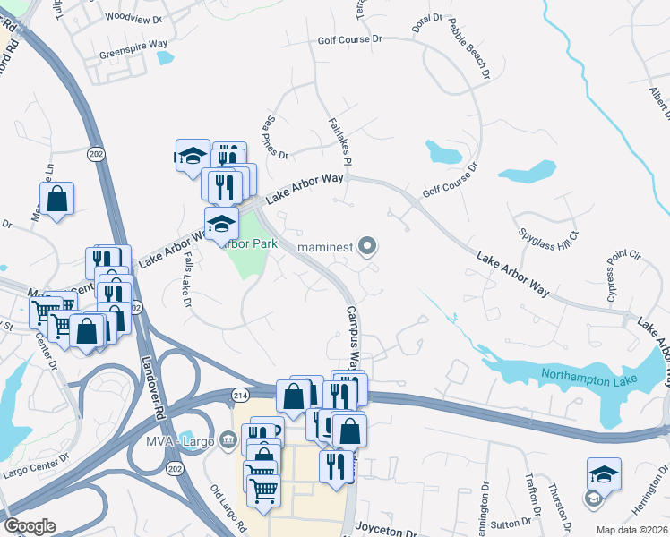 map of restaurants, bars, coffee shops, grocery stores, and more near 1022 Westlake Drive in Bowie