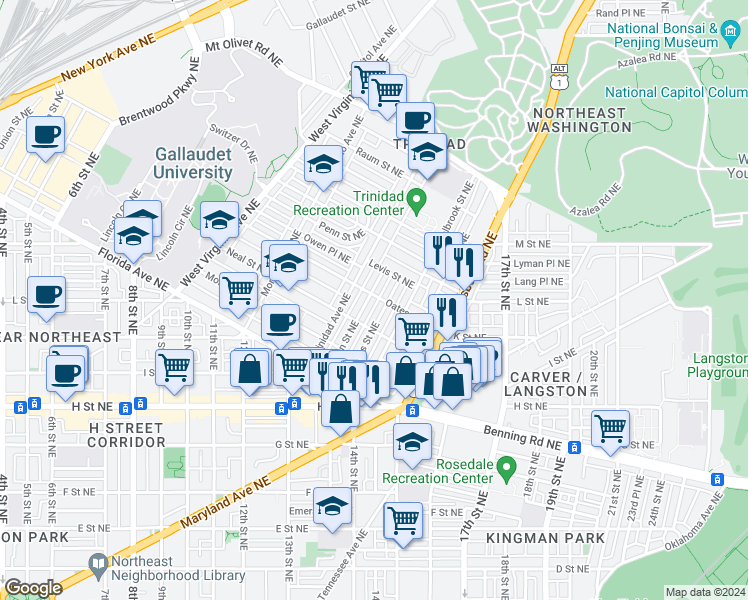 map of restaurants, bars, coffee shops, grocery stores, and more near 1329 Orren Street Northeast in Washington