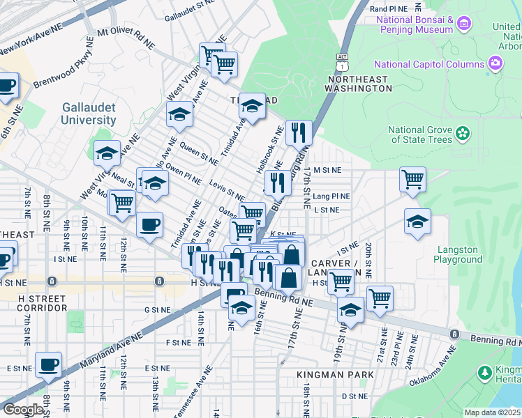 map of restaurants, bars, coffee shops, grocery stores, and more near 1027 16th Street Northeast in Washington