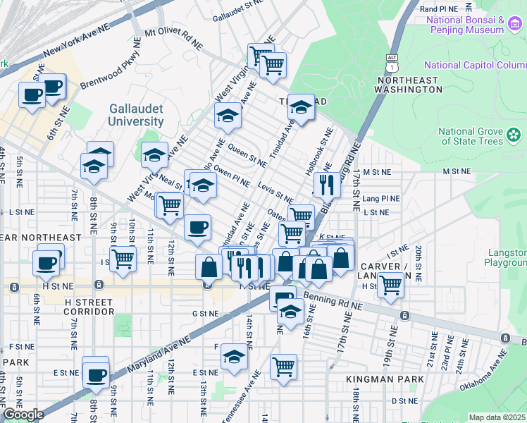 map of restaurants, bars, coffee shops, grocery stores, and more near 1329 Orren Street Northeast in Washington