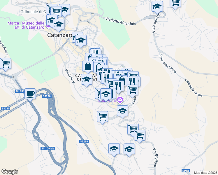 map of restaurants, bars, coffee shops, grocery stores, and more near 206 Corso G. Mazzini in Catanzaro