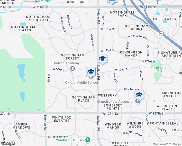 map of restaurants, bars, coffee shops, grocery stores, and more near 12500 Switzer Road in Overland Park
