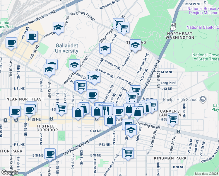map of restaurants, bars, coffee shops, grocery stores, and more near 1308 Trinidad Avenue Northeast in Washington
