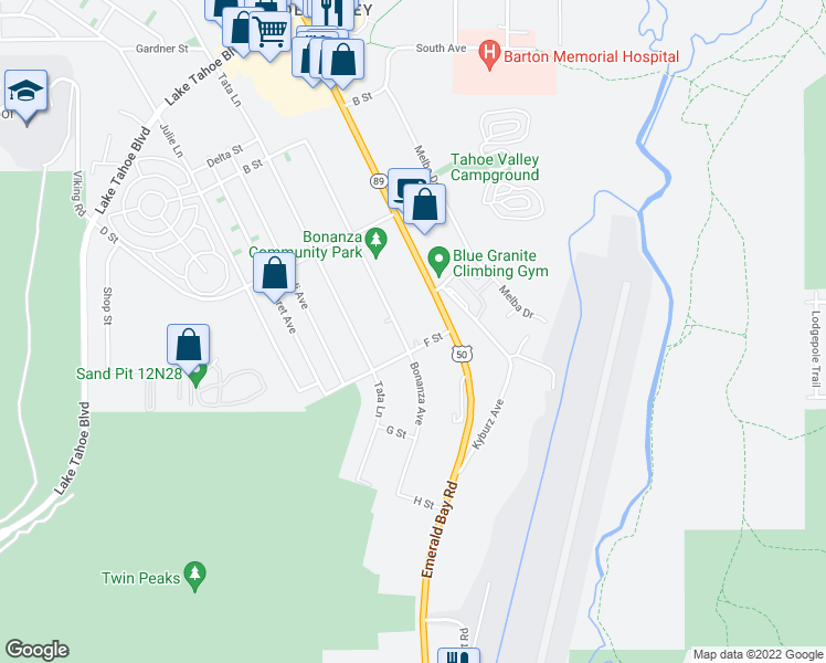 map of restaurants, bars, coffee shops, grocery stores, and more near 1281 Bonanza Avenue in South Lake Tahoe