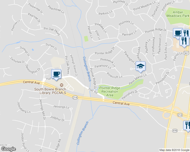 map of restaurants, bars, coffee shops, grocery stores, and more near 15717 Pointer Ridge Drive in Bowie