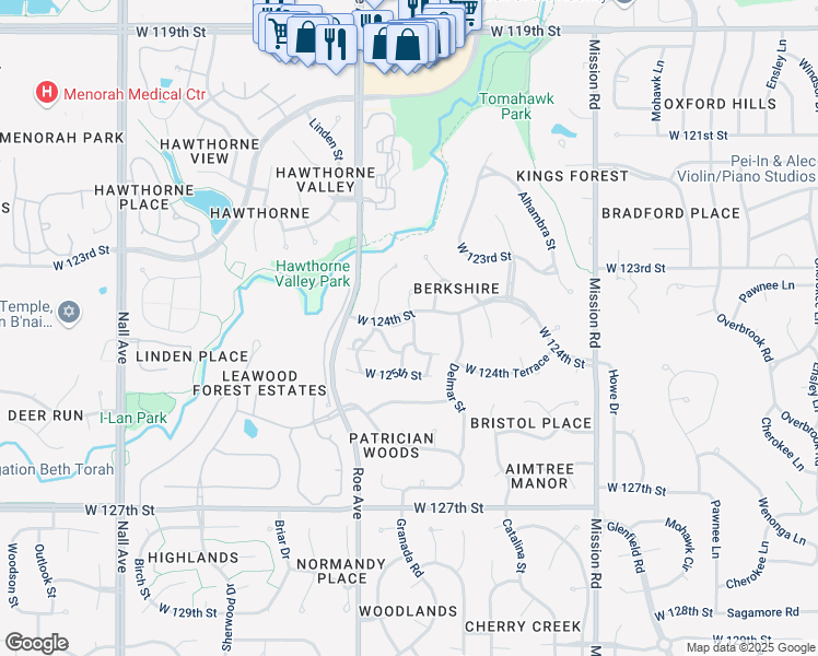 map of restaurants, bars, coffee shops, grocery stores, and more near 4501 West 124th Lane in Leawood