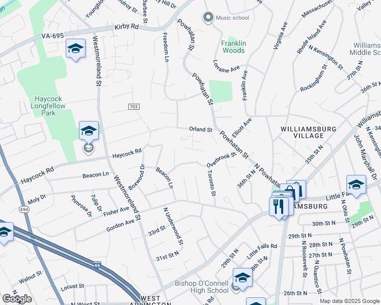 map of restaurants, bars, coffee shops, grocery stores, and more near 6513 Manor Ridge Court in Falls Church