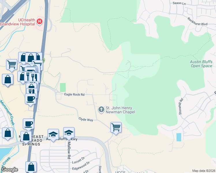map of restaurants, bars, coffee shops, grocery stores, and more near 1120 Eagle Rock Road in Colorado Springs