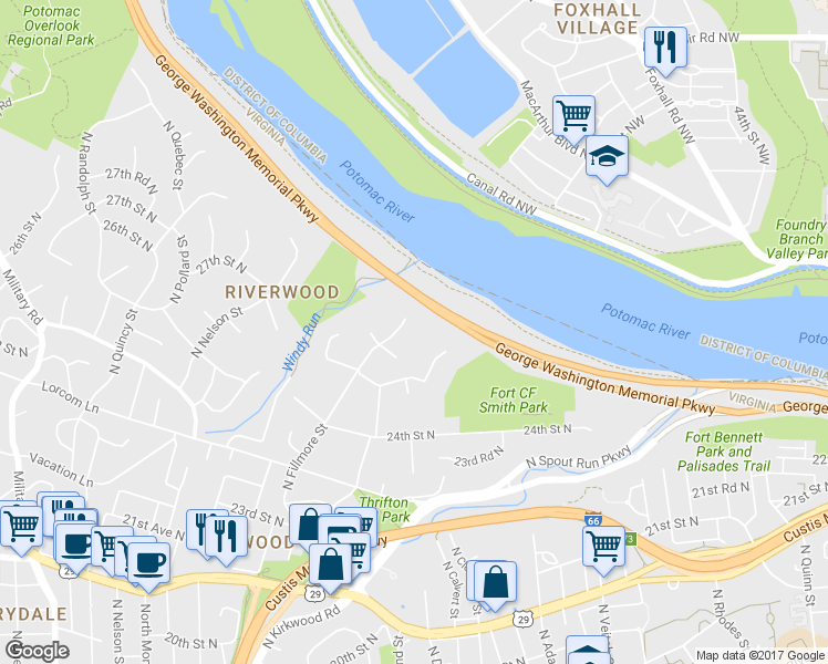 map of restaurants, bars, coffee shops, grocery stores, and more near 2717 North Fillmore Street in Arlington