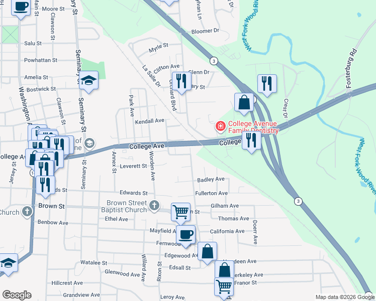 map of restaurants, bars, coffee shops, grocery stores, and more near 3320 Jackson Street in Alton