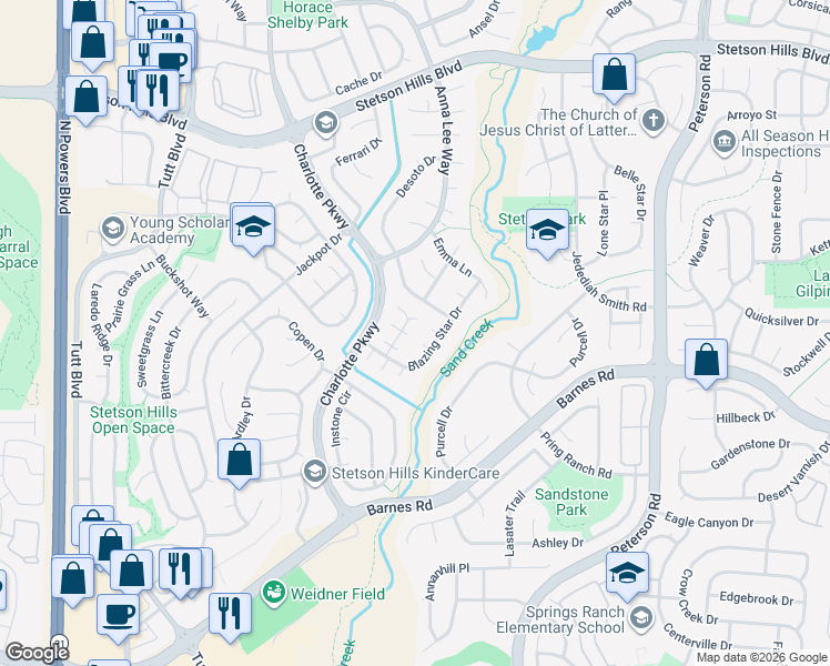 map of restaurants, bars, coffee shops, grocery stores, and more near 6181 Marbleton Court in Colorado Springs