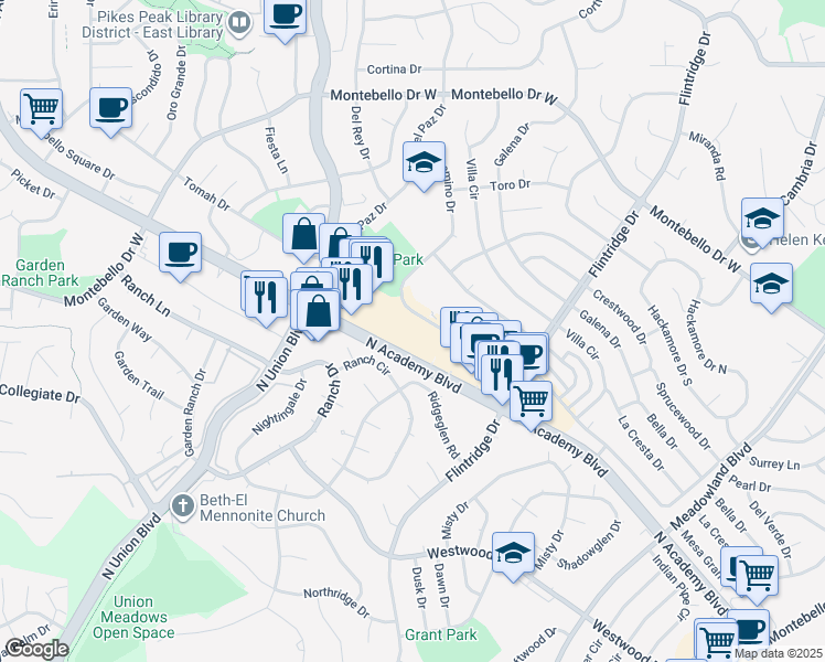 map of restaurants, bars, coffee shops, grocery stores, and more near 5025 North Academy Boulevard in Colorado Springs
