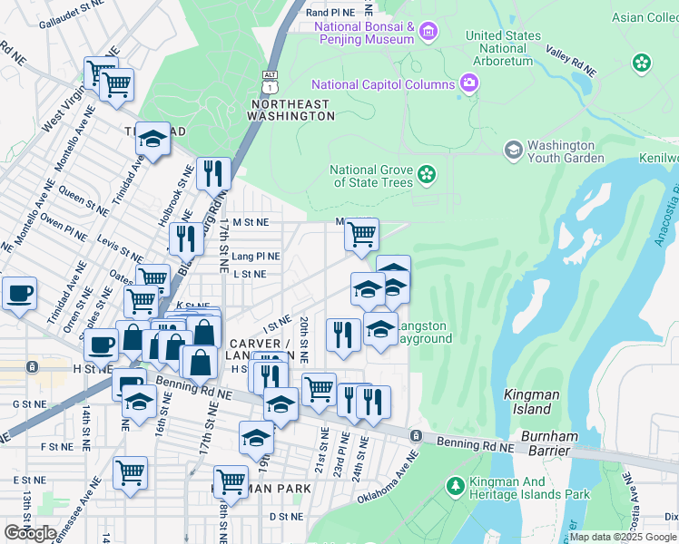 map of restaurants, bars, coffee shops, grocery stores, and more near 101 Independence Avenue Southeast in Washington