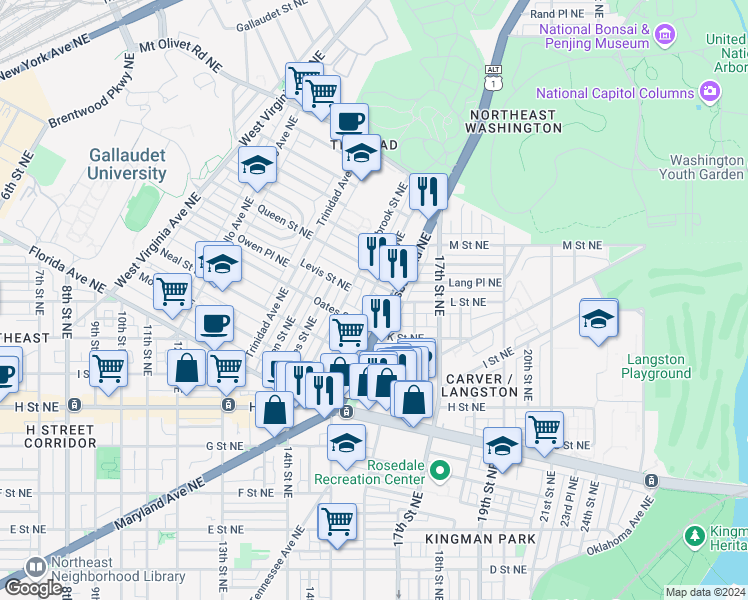 map of restaurants, bars, coffee shops, grocery stores, and more near 101 Independence Avenue Southeast in Washington