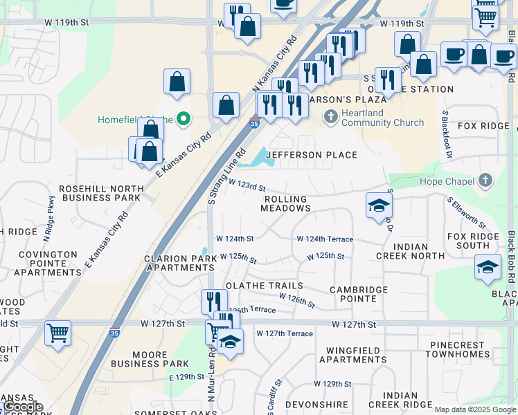 map of restaurants, bars, coffee shops, grocery stores, and more near 16413 West 123rd Street in Olathe
