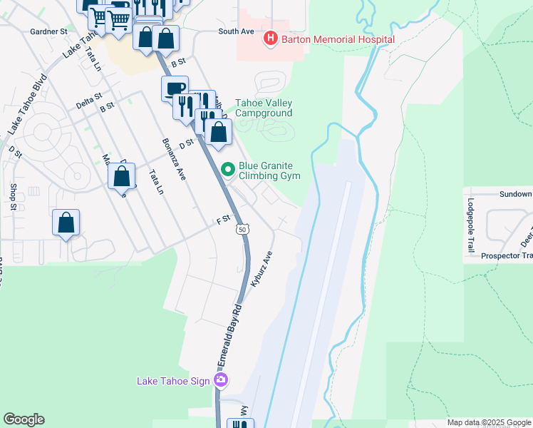 map of restaurants, bars, coffee shops, grocery stores, and more near 1327 Kyburz Avenue in South Lake Tahoe