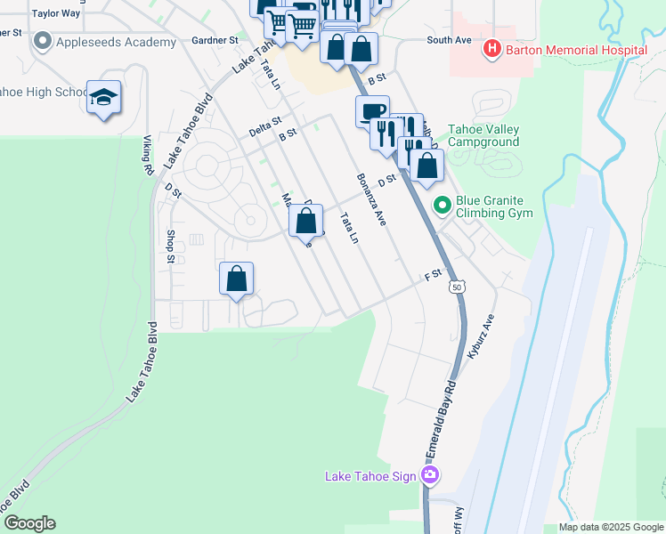 map of restaurants, bars, coffee shops, grocery stores, and more near 1234 Dedi Avenue in South Lake Tahoe