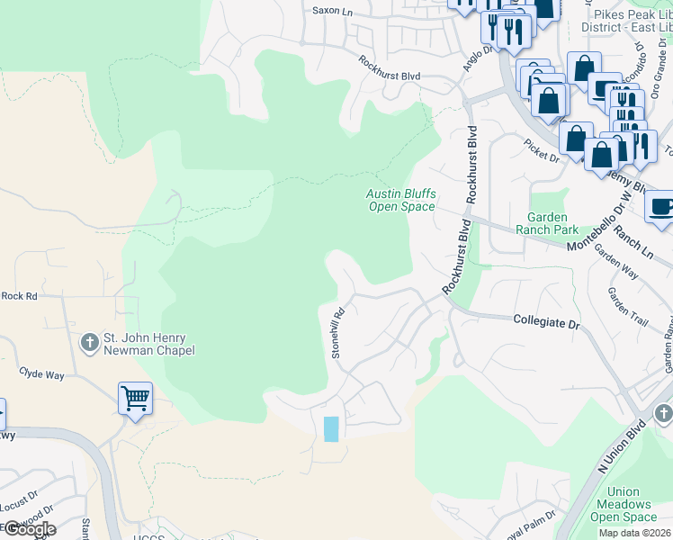 map of restaurants, bars, coffee shops, grocery stores, and more near 5004 Stonehill Road in Colorado Springs