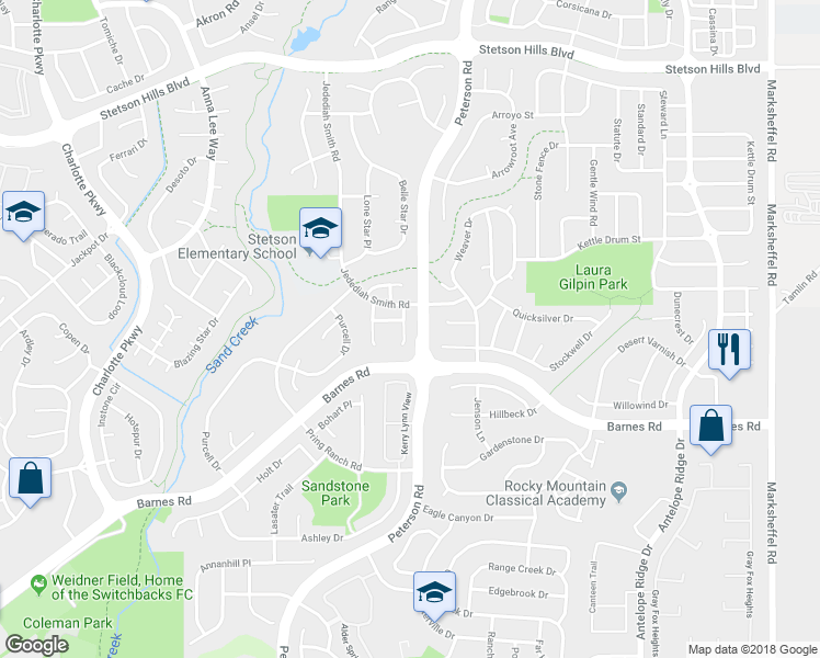 map of restaurants, bars, coffee shops, grocery stores, and more near 4955 Nugent Drive in Colorado Springs