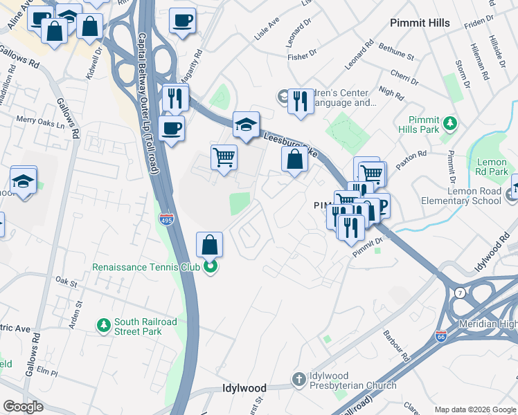 map of restaurants, bars, coffee shops, grocery stores, and more near 2133 Mohegan Drive in Falls Church