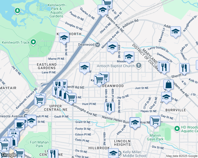 map of restaurants, bars, coffee shops, grocery stores, and more near 4610 Kane Place Northeast in Washington