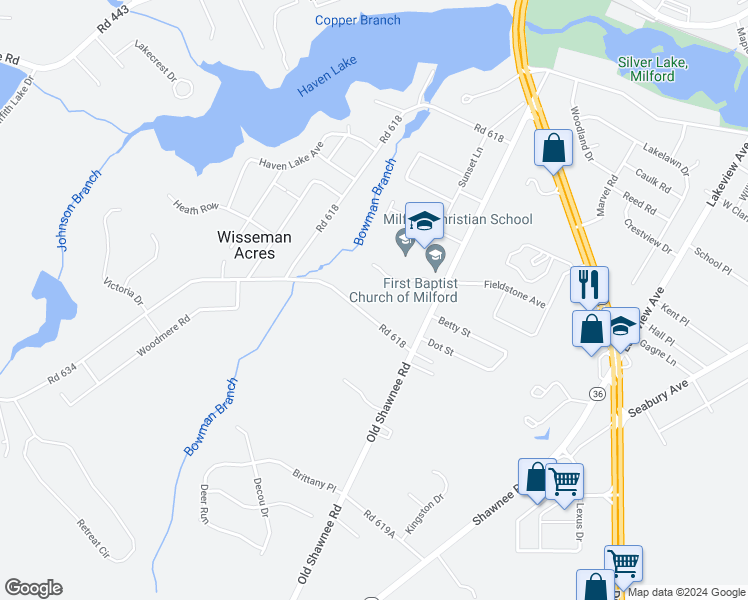 map of restaurants, bars, coffee shops, grocery stores, and more near 203 Meadow Brook Lane in Milford