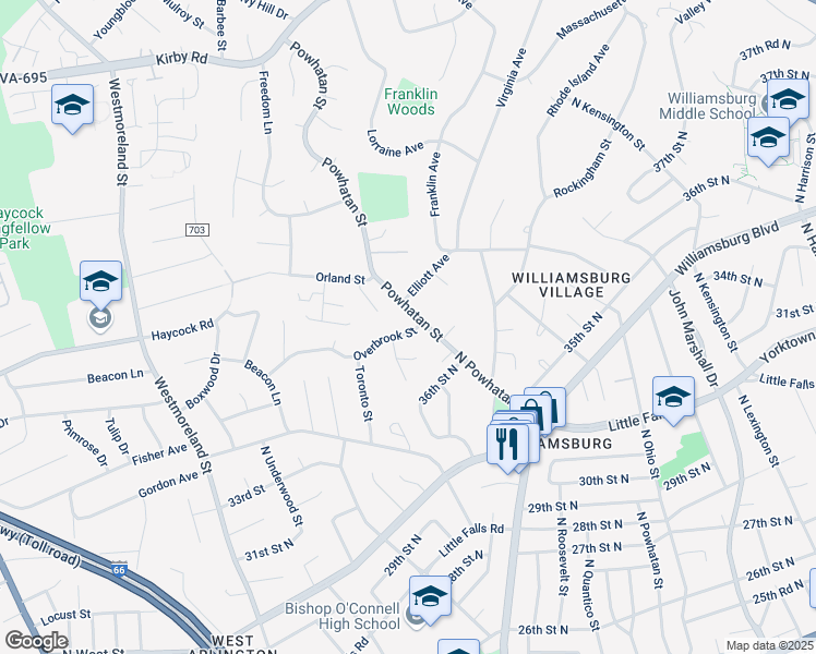 map of restaurants, bars, coffee shops, grocery stores, and more near 6432 Overbrook Street in Falls Church
