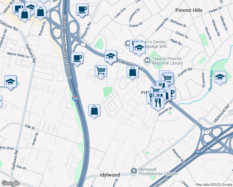 map of restaurants, bars, coffee shops, grocery stores, and more near 2131 Mohegan Drive in Falls Church
