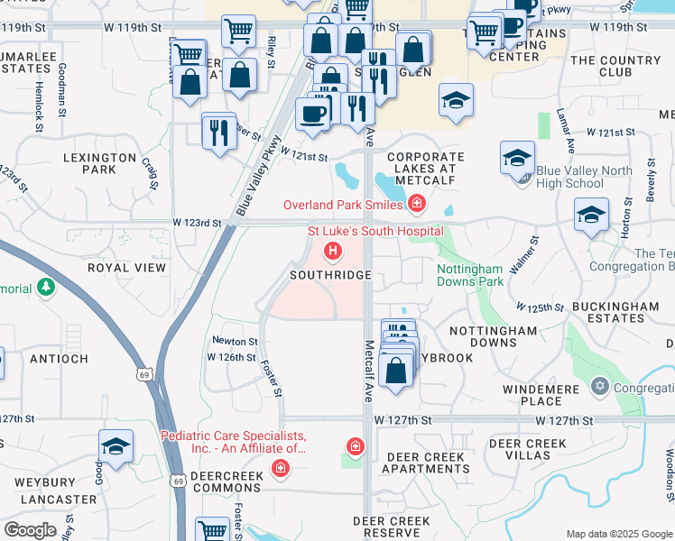 map of restaurants, bars, coffee shops, grocery stores, and more near 12300 Metcalf Avenue in Overland Park