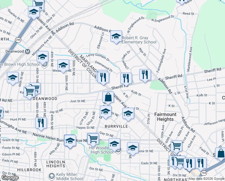 map of restaurants, bars, coffee shops, grocery stores, and more near 5301 Sheriff Road in Fairmount Heights