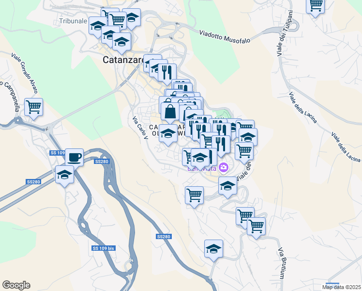 map of restaurants, bars, coffee shops, grocery stores, and more near 53-59 Via XX Settembre in Catanzaro