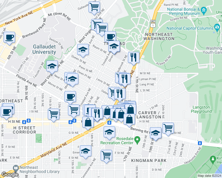 map of restaurants, bars, coffee shops, grocery stores, and more near 101 Independence Avenue Southeast in Washington