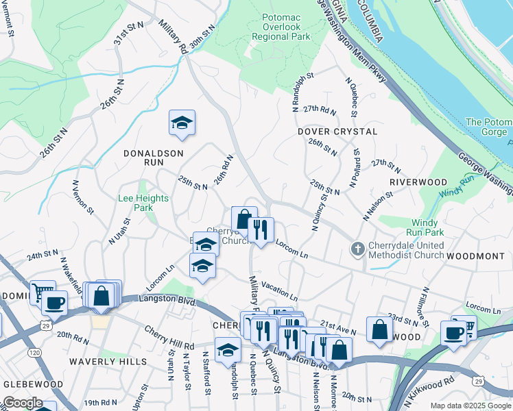 map of restaurants, bars, coffee shops, grocery stores, and more near 4012 25th Road North in Arlington