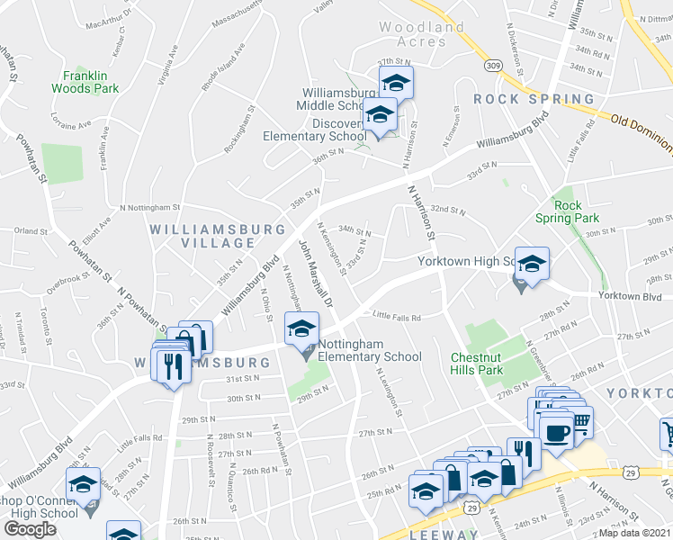 map of restaurants, bars, coffee shops, grocery stores, and more near 3300 North Kensington Street in Arlington