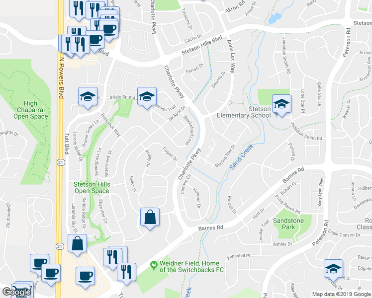 map of restaurants, bars, coffee shops, grocery stores, and more near 5117 Blackcloud Loop in Colorado Springs