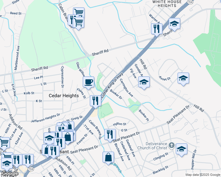 map of restaurants, bars, coffee shops, grocery stores, and more near 1021 Booker Drive in Capitol Heights