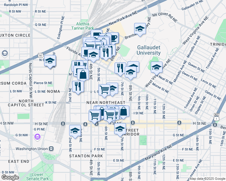 map of restaurants, bars, coffee shops, grocery stores, and more near 642 L Street Northeast in Washington