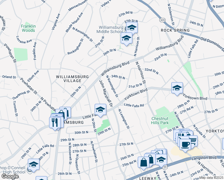 map of restaurants, bars, coffee shops, grocery stores, and more near 3300 North Kensington Street in Arlington