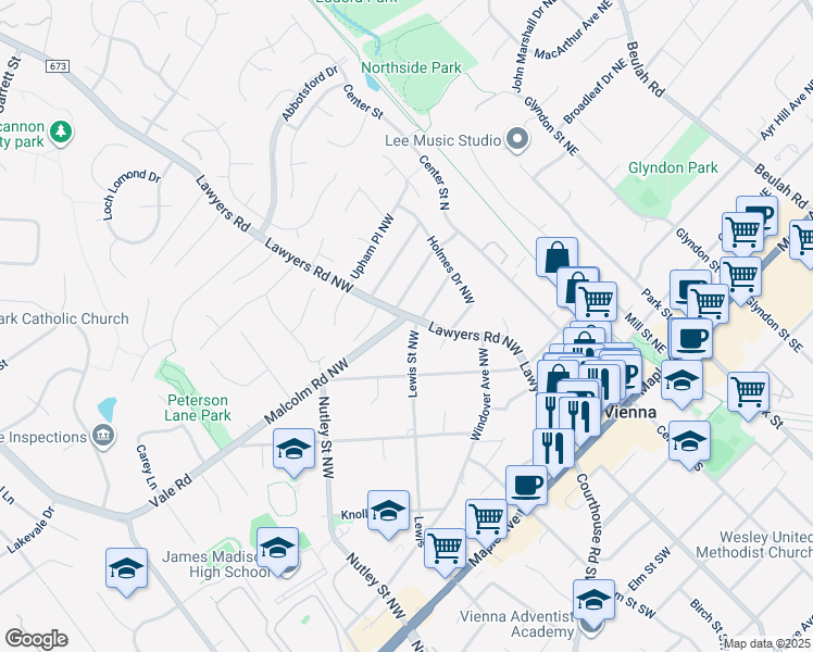 map of restaurants, bars, coffee shops, grocery stores, and more near 356 Lawyers Road Northwest in Vienna