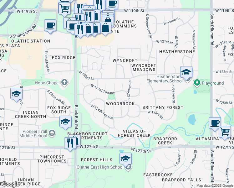 map of restaurants, bars, coffee shops, grocery stores, and more near 14801 West 123rd Terrace in Olathe