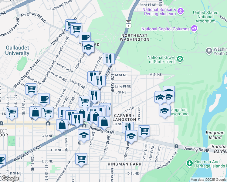 map of restaurants, bars, coffee shops, grocery stores, and more near 1730 L Street Northeast in Washington