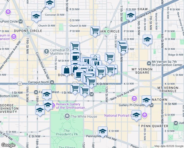 map of restaurants, bars, coffee shops, grocery stores, and more near 1101 Vermont Avenue Northwest in Washington