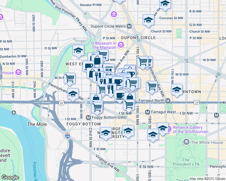 map of restaurants, bars, coffee shops, grocery stores, and more near 2101 L Street Northwest in Washington
