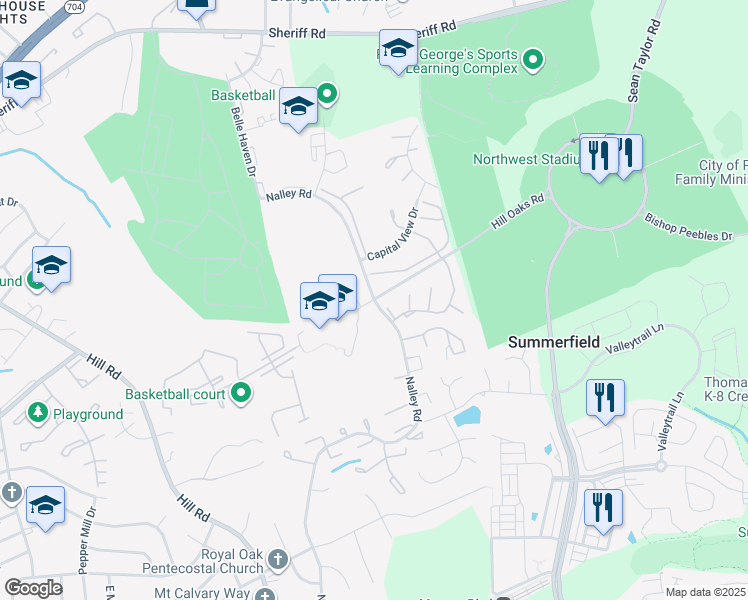 map of restaurants, bars, coffee shops, grocery stores, and more near Hill Oaks Road in Hyattsville