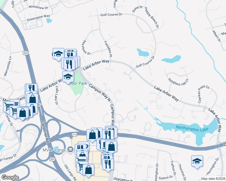 map of restaurants, bars, coffee shops, grocery stores, and more near 1003 Westlake Drive in Bowie