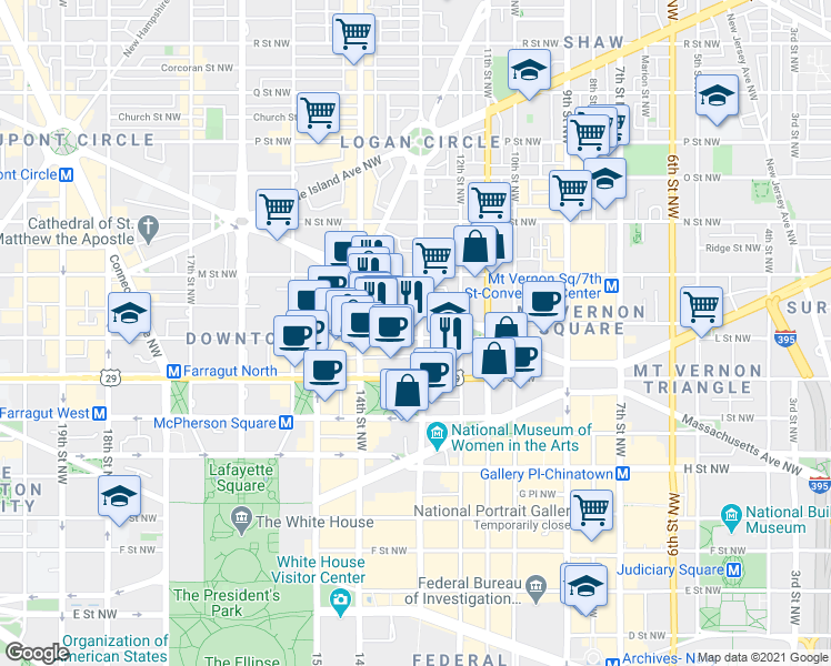 map of restaurants, bars, coffee shops, grocery stores, and more near 1309 L Street Northwest in Washington