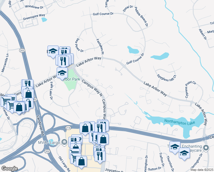 map of restaurants, bars, coffee shops, grocery stores, and more near 961 Westlake Drive in Bowie