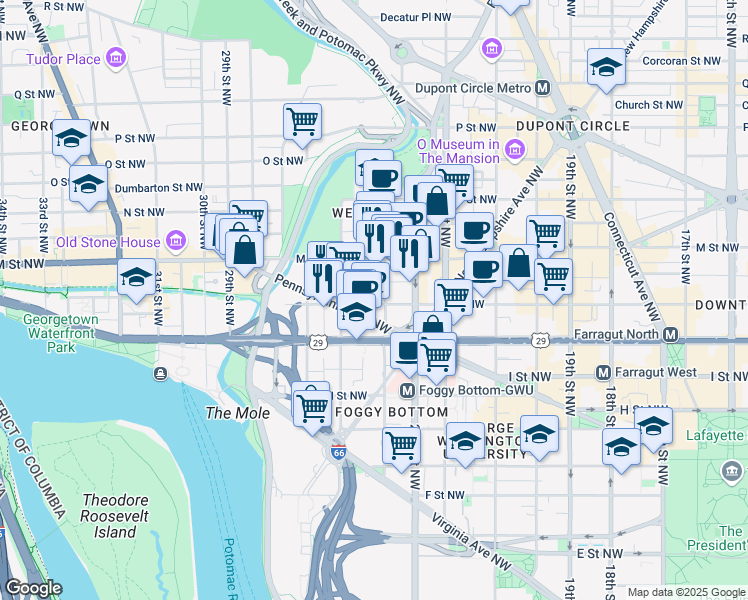 map of restaurants, bars, coffee shops, grocery stores, and more near 2425 L Street Northwest in Washington